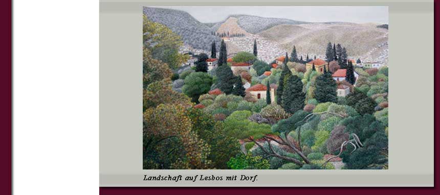 	Landschaft auf Lesbos mit Dorf.